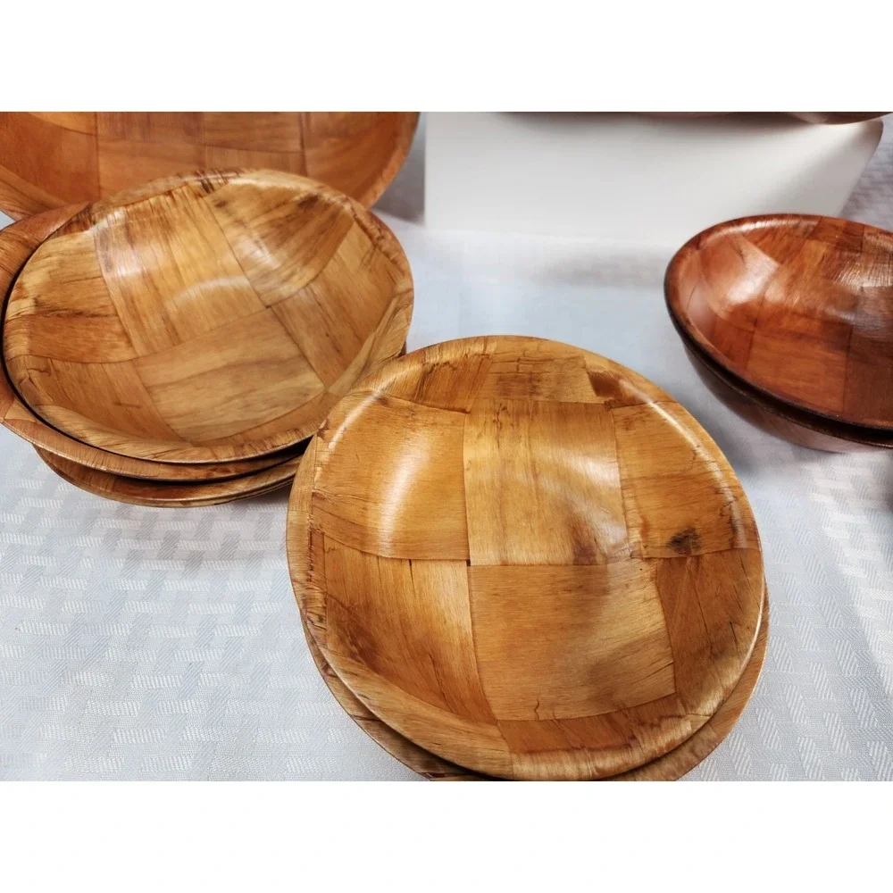 Vintage Pressed / Woven Wood Bowl Set 13 Pc Bamboo  MCM Salad & Serving Bowls